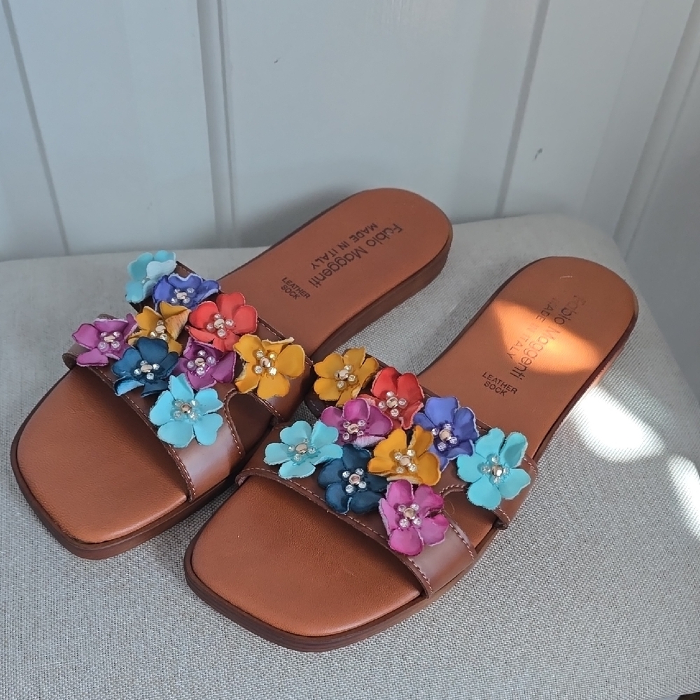 Fabio Maggenti Leather Multicolored Jewel Tone Floral  sandals with embellishmen